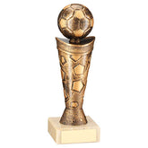BRONZE/GOLD PLASTIC FOOTBALL FIGURE ON CREAM MARBLE TROPHY - 6.75in